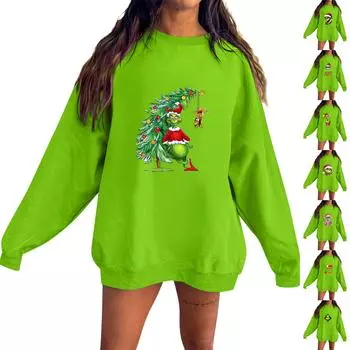 Женский принтованный круглый вырез пуловер модный и универсальный длинный рукав свободный топ L армия зеленый