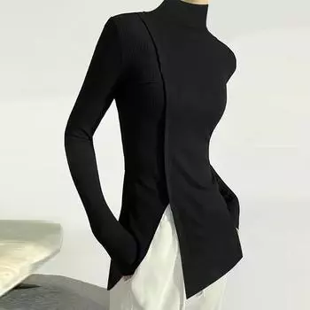 Женский простой модный однотонный облегающий свитер с длинным рукавом и высоким воротом, осенний городской женский повседневный вязаный свитер S чёрный