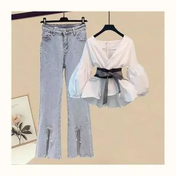 Женский простой стиль, полиэстер, джинсовые брюки с узлом, комплекты брюк, комплект с тонкими полосатыми рукавами, шифоновая рубашка, джинсы, костюм из 2 предметов XXXXL белый