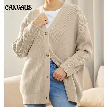 Женский простой универсальный вязаный однотонный свитер с V-образным вырезом и пуговицами S чёрный