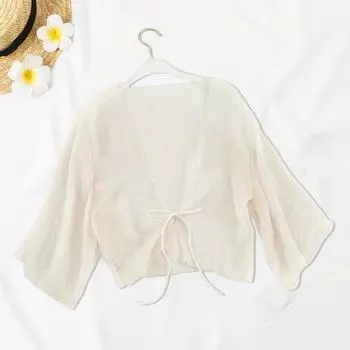 Женский прозрачный кардиган с прозрачным свободным топом с завязкой спереди, шаль в стиле ретро для отдыха, пляжная повседневная одежда пшеничный