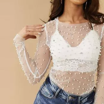 Женский прозрачный сетчатый топ с бусинами и стразами S белый