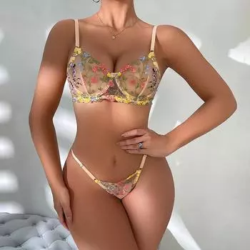 Женский прозрачный сексуальный кружевной бюстгальтер на косточках, тонкий женский комплект нижнего белья Pure Desire с цветочным принтом, стринги, сексуальный комплект нижнего белья XL чёрный