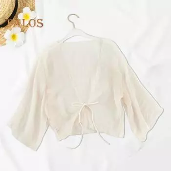 Женский прозрачный шифоновый кардиган с прозрачным свободным топом с завязками спереди, элегантная шаль в стиле ретро для отдыха, пляжная повседневная одежда пшеничный