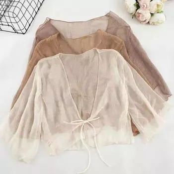Женский прозрачный шифоновый кардиган с прозрачным свободным топом с завязками спереди, элегантная шаль в стиле ретро для пляжного отдыха пшеничный