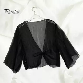 Женский прозрачный шифоновый кардиган с прозрачным свободным топом с завязками спереди, элегантная шаль в стиле ретро для отдыха, пляжная повседневная одежда пшеничный