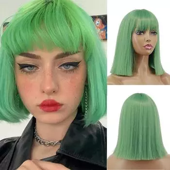 Женский прямой парик MERISIHAIR длиной до плеч с челкой, зеленый прямой парик из синтетического волокна для женщин 14inches
