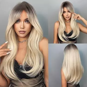Женский прямой парик в европейском и американском стиле с челкой-занавеской, женские синтетические волокнистые градиентные парики от черного до блонда с завитыми концами