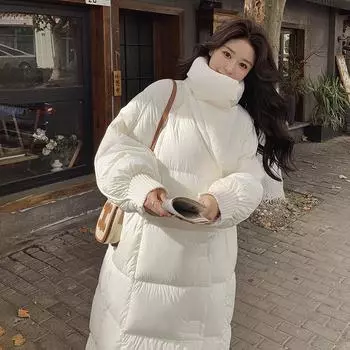 Женский пуховик, большой товар, воротник костюма, большой и длинный, зимняя новая куртка из белого утиного пуха 2024 года, женский простой и модный пуховик S size 90-60kg белый