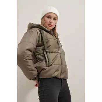 Женский пуховик цвета хаки с капюшоном
