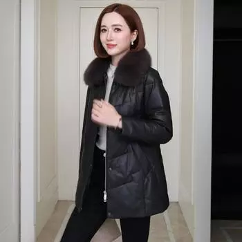 Женский пуховик из натуральной кожи средней длины, новая зимняя женская кожаная куртка из овчины с утолщенным и утягивающим гусиным пухом 4XL