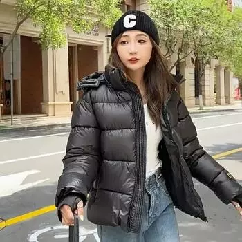 Женский пуховик с капюшоном, черное, золотое хлопковое пальто, зимнее свободное модное толстое хлопковое пальто M чёрный