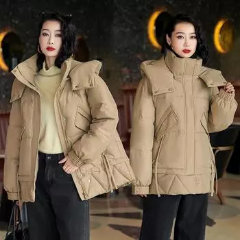 Женский пуховик с капюшоном, новинка зимы 2023 года, утягивающий и свободный крой, большие размеры M чёрный