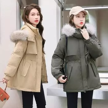 Женский пуховик средней длины, новинка 2023 года, женская свободная толстая куртка с большим меховым воротником M чёрный