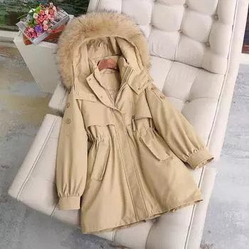 Женский пуховик средней длины, новинка 2023 года, женская свободная толстая куртка с большим меховым воротником M белый