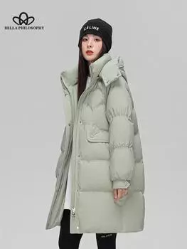 Женский пуховик, зимний новый свободный и модный утолщенный пуховик с длинным белым утиным воротником M чёрный