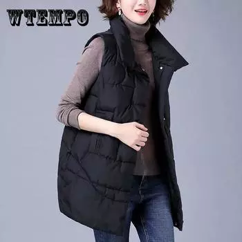 Женский пуховый хлопковый жилет средней длины, осенне-зимняя свободная куртка XXXXL чёрный
