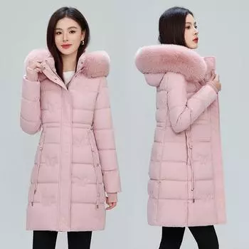 Женский пуховый комбинезон на хлопковой подкладке, зимний корейский вариант, тонкий большой меховой воротник, съемные маленькие комбинезоны на хлопковой подкладке, куртка на хлопковой подкладке. L хаки