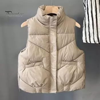 Женский пуховый жилет, зимний толстый теплый жилет, повседневная короткая куртка на молнии с воротником-стойкой, карманами, приталенное пальто для активного отдыха на свежем воздухе осенью и зимой L чёрный