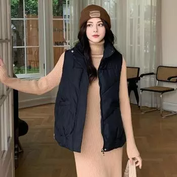 Женский пуховый жилет, зимний толстый теплый жилет, повседневная короткая куртка на молнии с воротником-стойкой, карманами, приталенное пальто для активного отдыха на свежем воздухе осенью и зимой L чёрный