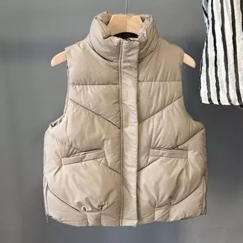 Женский пуховый жилет, зимний толстый теплый жилет, повседневная короткая куртка на молнии с воротником-стойкой, карманами, приталенное пальто для активного отдыха на свежем воздухе осенью и зимой L чёрный