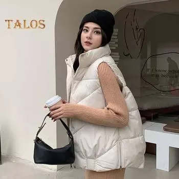 Женский пуховый жилет, зимний толстый теплый жилет, повседневная короткая куртка на молнии с воротником-стойкой, карманами, приталенное пальто для активного отдыха на свежем воздухе осенью и зимой M бежевый