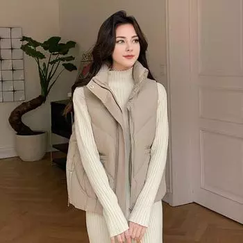 Женский пуховый жилет, зимний толстый теплый жилет, повседневная короткая куртка на молнии с воротником-стойкой и карманами, тонкий M чёрный