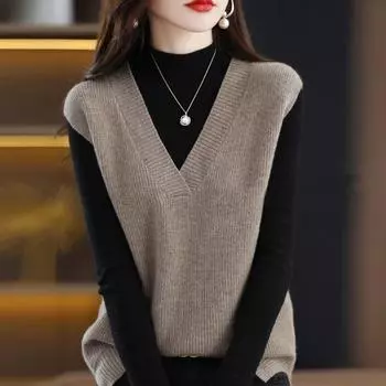 Женский пуловер, 2022, вязаный женский осенне-зимний корейский однотонный свободный свитер без рукавов, женский пуловер, топ
