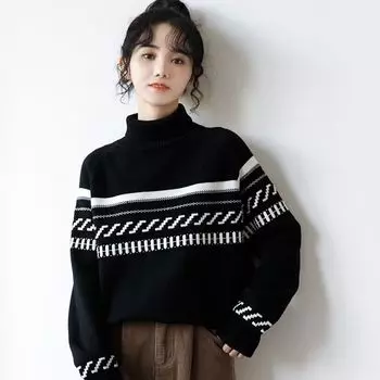 Женский пуловер 2023, зимний черный полосатый свитер с высоким воротом, женский зимний свободный свитер с напуском, свободный свитер, женский пуловер One Size чёрный