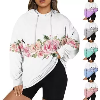 Женский пуловер больших размеров с цветочным принтом и длинным рукавом, толстовка с капюшоном XXXL серый