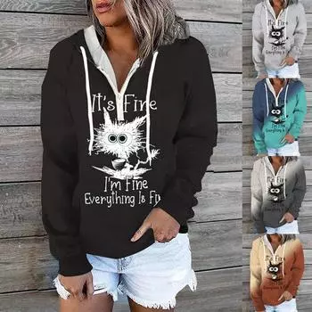 Женский пуловер больших размеров с длинным рукавом и круглым вырезом, милый кот, толстовка с мультяшным принтом 2XL серый