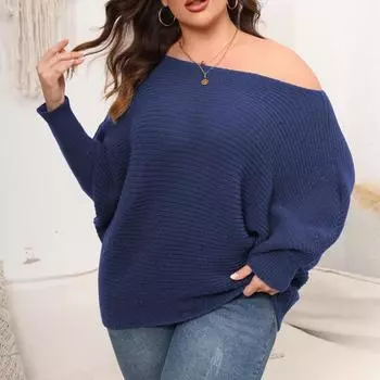 Женский пуловер большого размера, свободный свитер на осень и зиму с рукавами «летучая мышь» и однотонным вырезом с открытыми плечами L темно-синий