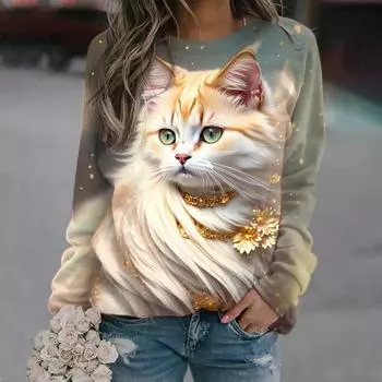 Женский пуловер, футболка с котенком, длинный рукав S золотой