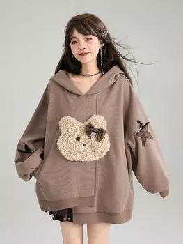 Женский пуловер из чистого хлопка с милым медведем, осень-зима, новый повседневный плюшевый свободный асимметричный свитшот с капюшоном, женский топ S коричневый