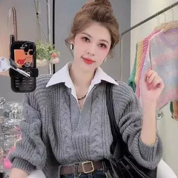 Женский пуловер из двух частей, осень 2023, дизайн Sense с вырезом поло, свободная верхняя одежда, вязаный свитер One Size серый