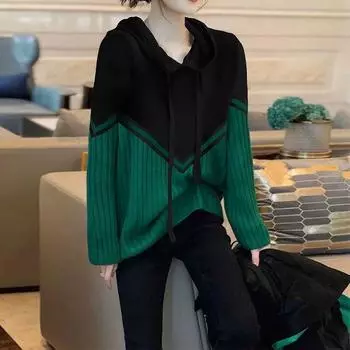 Женский пуловер, контрастный свитер с капюшоном, модный пуловер, свободный топ, осень 2022, новый европейский повседневный свитер, женский пуловер