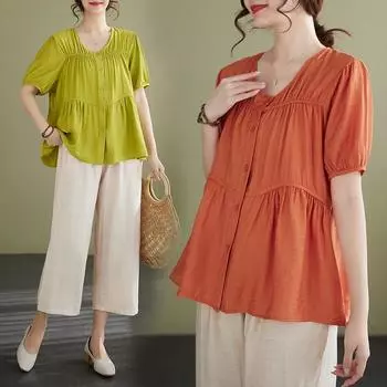 Женский пуловер, летний топ с рюшами, 3 цвета, плиссированная нишевая футболка с круглым вырезом и короткими рукавами The Design Sense S оранжевый
