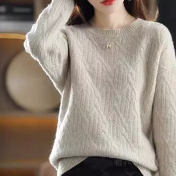 Женский пуловер на осень/зиму, свитер с круглым вырезом, женский свободный универсальный вязаный однотонный свитер, женский пуловер