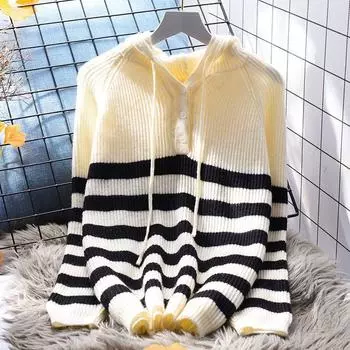 Женский пуловер на шнуровке с капюшоном, осень/зима 2023, вязаный свободный свитер в японскую полоску с длинными рукавами, женский топ One Size чёрный