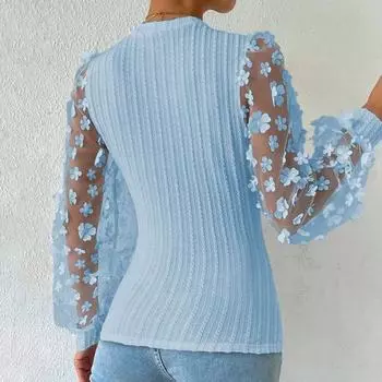 Женский пуловер на весну и лето, топы с круглым вырезом и цветочным декором, шифоновые топы с сетчатыми рукавами, однотонные облегающие дышащие блузки L небесно-голубой