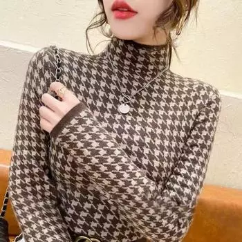 Женский пуловер, новинка 2022, жаккардовый свитер с узором «Тысяча птиц», женский корейский универсальный повседневный свитер с полувысоким воротником, пуловер One Size чёрный