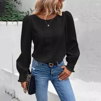 Женский пуловер, однотонные футболки с длинным рукавом-фонариком и круглым вырезом, блузка, топы, футболки