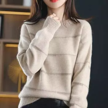 Женский пуловер, осень-зима 2023, новый трикотаж, пуловер с круглым вырезом, женский свитер в контрастную полоску, свитер-иностранец, пуловер One Size розовый