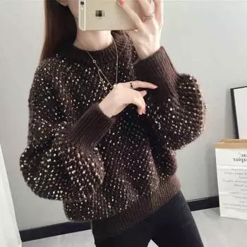Женский пуловер, осенне-зимний новый вязаный свитер с круглым вырезом и низом, свободная одежда, пуловер с длинными рукавами, женский свитер One Size чёрный