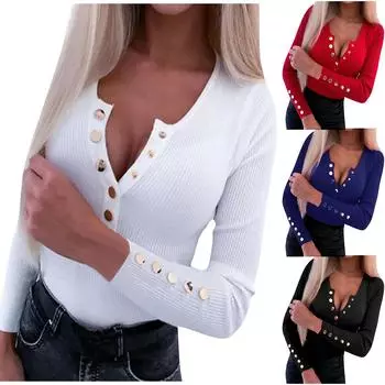 Женский пуловер, повседневные однотонные топы на пуговицах с открытым вырезом и длинными рукавами XXL чёрный