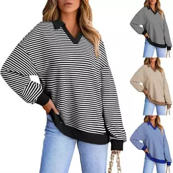 Женский пуловер, повседневный и модный, с V-образным вырезом, полосатый топ M чёрный