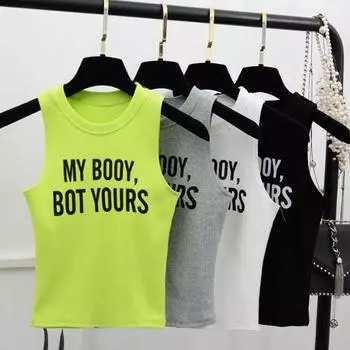 Женский пуловер с буквенным принтом, вязаный укороченный топ без рукавов с круглым вырезом One Size