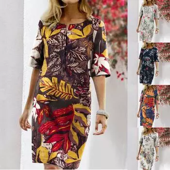 Женский пуловер с цветочным принтом и круглым вырезом, винтажное платье с половиной рукавов XL