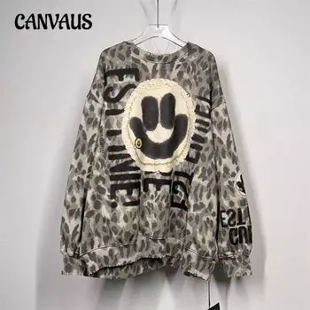 Женский пуловер с длинным рукавом больших размеров, осенний свободный свитшот с принтом большого смайлика и леопардовым принтом L серый