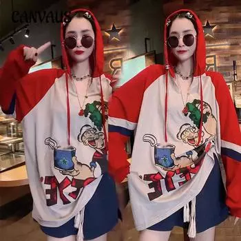 Женский пуловер с длинным рукавом больших размеров, контрастный цветной топ с принтом аниме и капюшоном L красный